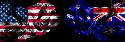 United States of America, USA vs Australia, Australian background abstract concept peace smokes flags.