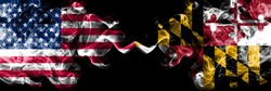 United States of America, USA vs Maryland state background abstract concept peace smokes flags.