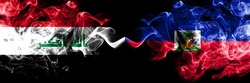 Iraq, Iraqi vs Haiti, Haitian smoky mystic flags placed side by side. Thick colored silky smokes flags together