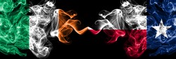 Republic of Ireland, Irish vs United States of America, America, US, USA, American, Texas smoky mystic flags placed side by side. Thick colored silky abstract smoke flags.