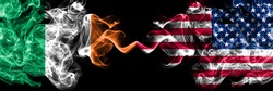 Republic of Ireland, Irish vs United States of America, America, US, USA, American smoky mystic flags placed side by side. Thick colored silky abstract smoke flags.