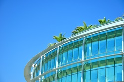Contemporary building made of glass and iron with palm tree on the roof