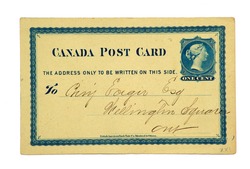 Antique Canadian Post Card issued in 1874 with a printed one cent stamp of Queen Victoria.