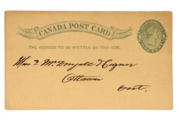 Canadian Post Card with Imprinted One Cent Queen Victoria Stamp, Dated 1890.