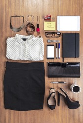 Overhead of essentials elegant woman./ Outfit of business woman in office. 