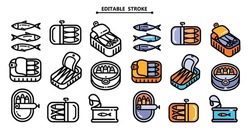 Sardines in tin can isolated flat icons set. Editable stroke. Portugal food outline icons in simple style. Vector Portuguese national food. Canned anchovy in oil, iwashi con