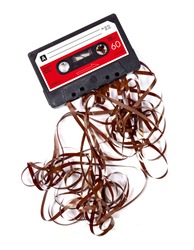 Old cassette tape with loose ribbon