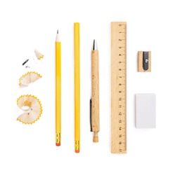 Set of wooden writing tools, pencil, wooden pen, ruler, sharpener, pencil shavings and eraser, isolated on white background