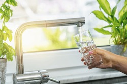 Woman filling glass with water from faucet in kitchen