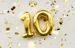10 years old. Gold balloons number 10th anniversary, happy birthday congratulations.