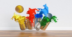Four paint cans splashing different colors in a apartment, renovation concept image