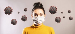 Woman wearing anti virus protection mask to protect from corona COVID-19 and SARS cov 2 infection