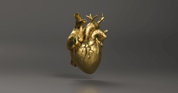 Gold Anatomical human Heart. Anatomy and medicine concept image.