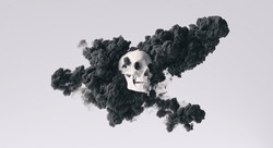 Human Skull side view with black ink smoke cloud Pirate Poison Horror Symbol Halloween Medical. Abstract Anatomy and medicine concept image.