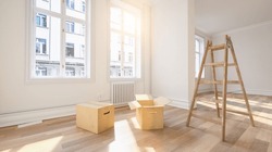 Moving boxes in empty room with ladder as relocation or forwarding agency concept image