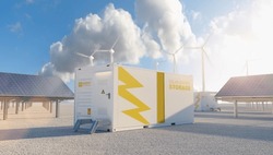 modern battery energy storage system with wind turbines and solar panel power plants in background