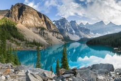 Moraine lake with the rocky mountains panorama in the banff canada