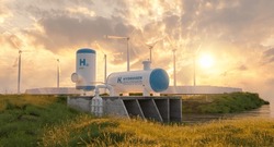 Hydrogen Gas tank renewable energy production - hydrogen gas pipeline for clean electricity solar and windturbine facility 