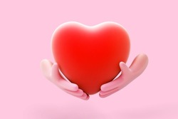 3D cartoon human hands holding red heart on pink background. Abstract concept of love, hope, charity and healthcare. Two cartoon style funny open man palms showing heart. Vector illustration.
