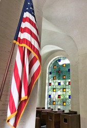 American flag at the chapel entrance at Punchbowl Cemetery in Honolulu, Hawaii
