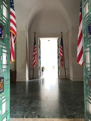 
American flag at the chapel entrance at Punchbowl Cemetery in Honolulu, Hawaii