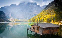 Hut on Braies lake and Dolomiti, Trentino Alto Adige, Italy