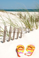 colorful flip flops on sand dune