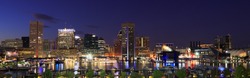 Colorful Baltimore skyline and Inner Harbor at dusk, USA