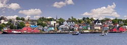 Panoramic view of UNESCO world heritage site of historic downtown Lunenburg and harbor at the Atlantic Ocean, Nova Scotia, Canada
