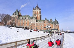 Chateau Frontenac, Quebec City in winter, traditional slide descent, Canada