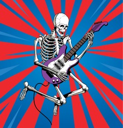 Skeleton rock guitar player jumps. Vector illustration.
