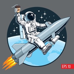 Astronaut riding a rocket or missile and holding a coffee cup. Vintage sci-fi style vector illustration.