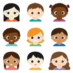 Set of vector cute boys and girls avatars on white background.