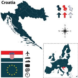 Vector of Croatia and European Union set with detailed country shape with region borders, flags and icons