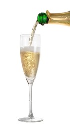 Champagne pouring into a glass on a white background