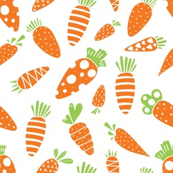 Carrot seamless pattern for Easter. Carrots and orange polka dots. Endless pattern can be used for ceramic tile, wallpaper, linoleum, textile, web page background