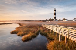 North Carolina Outer Banks Bodie Island Lighthouse Autumn Morning Marsh Boardwalk