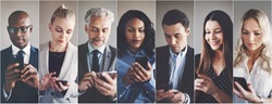 Collage of an ethnically diverse group of businessmen and businesswomen reading and sending text messages on cellphones