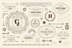 Vintage typographic design elements set vector illustration. Labels and badges, retro ribbons, luxury ornate logo symbols, calligraphic swirls, flourishes ornament vignettes and other