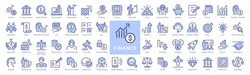 Set of 60 Finance Thin Line Icons. Big Blue and White icons pack. Money, Stock Market, Savings, Investment, Unicorn, Currency, Revenue. Vector illustration.