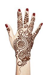 Image detail of henna being applied to hand isolated over whit 