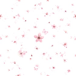 Seamless pattern of 52 differently angled cherry blossoms in many bud stages, 8 butterflies, studio photographed, isolated on white, with some bokeh similar particle circles and toned butterflies.