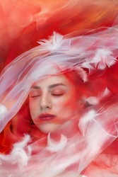 A conceptual depiction is showing the inner silence and softness of passionate dreams, through the white and red color veils and an evening sky in the background.