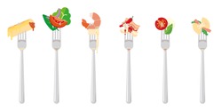 flat design vector illustration of various italian dishes portions on forks