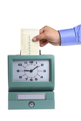 Hand putting card in time clock on white background