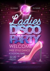 Disco ball background. Disco ladies party poster. Womens day party