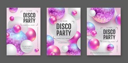 3D abstract background with holographic pink spheres and disco ball spheres. Disco ball background. Set of disco party posters. Vector illustration