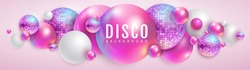 3D abstract background with holographic pink spheres and disco ball spheres. Disco ball background. Disco party poster. Vector illustration