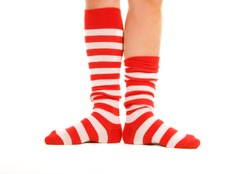 funny striped red socks isolated on white