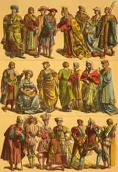 16th Century Netherlands Costumes. Engraved by Fr.Hottenroth and published in Trachten, Haus, Feld und Kriegsgerathschaften der Volker alter und neuer Zeit, Germany, 1890.